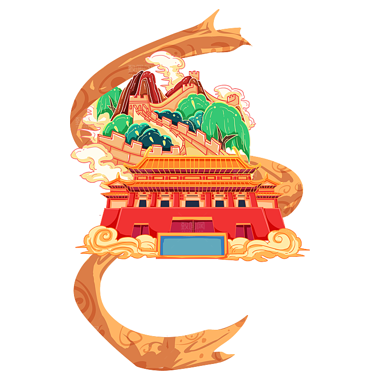卡通线描万里长城山海嘉峪关剪影PNG素材