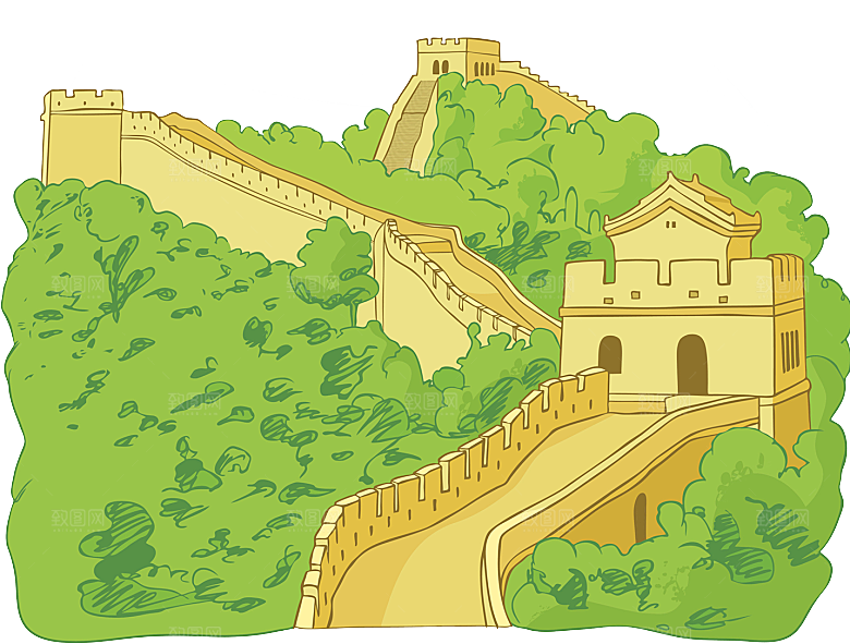 卡通线描万里长城山海嘉峪关剪影PNG素材