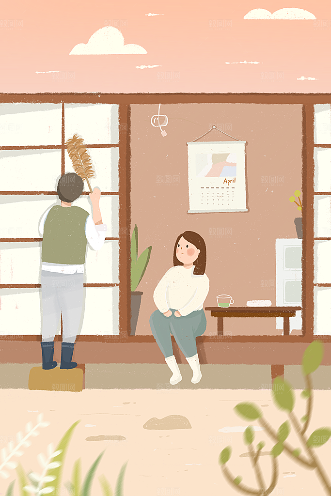 卡通手绘你好四月春季踏青郊游小清新插画