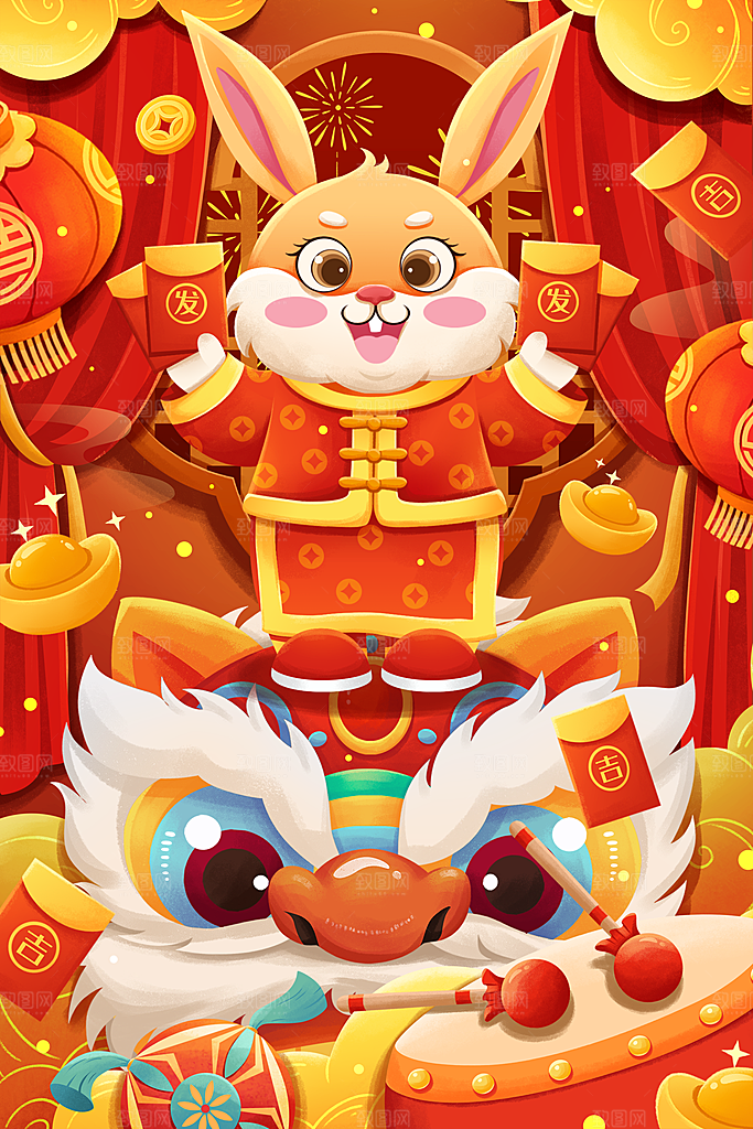 红色兔年白兔兔子插画设计