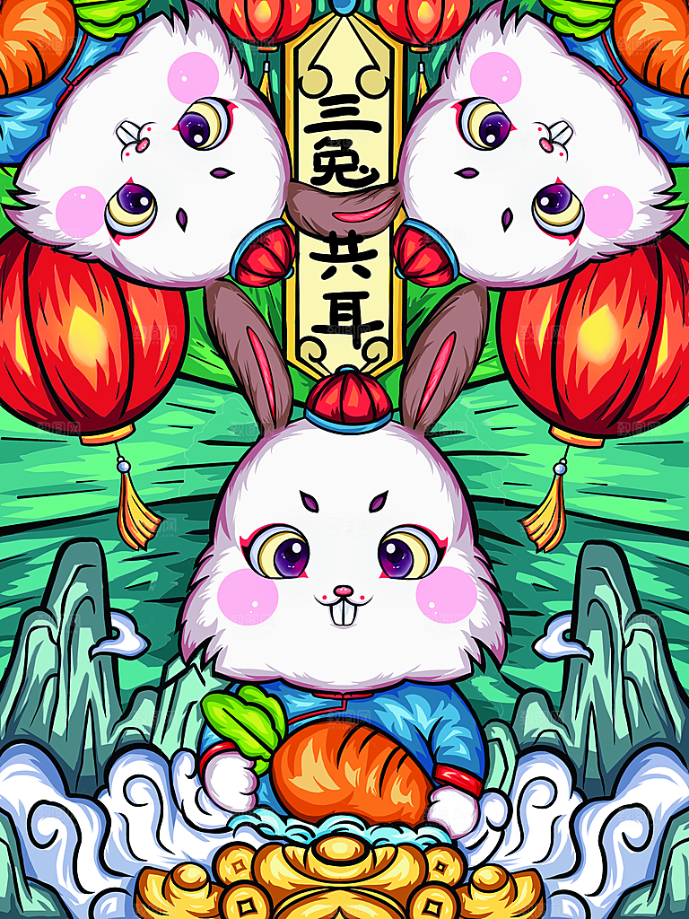 红色兔年白兔兔子插画设计