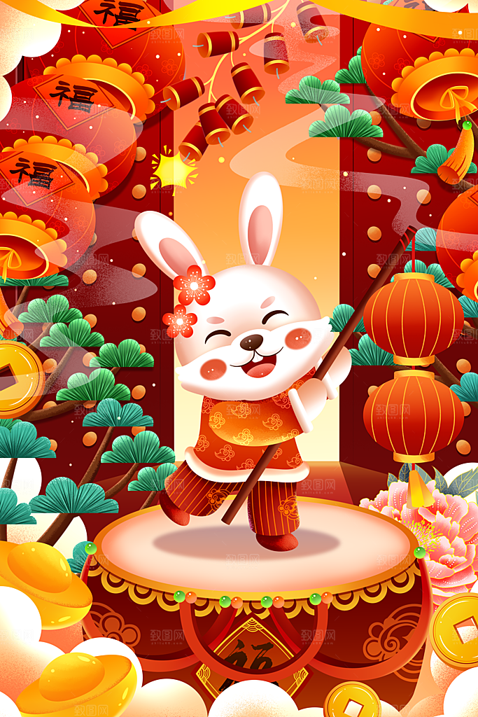 红色兔年白兔兔子插画设计