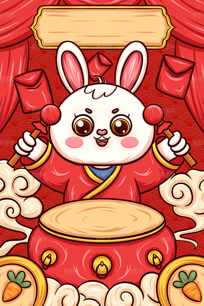 红色卡通新年小白兔设计插画