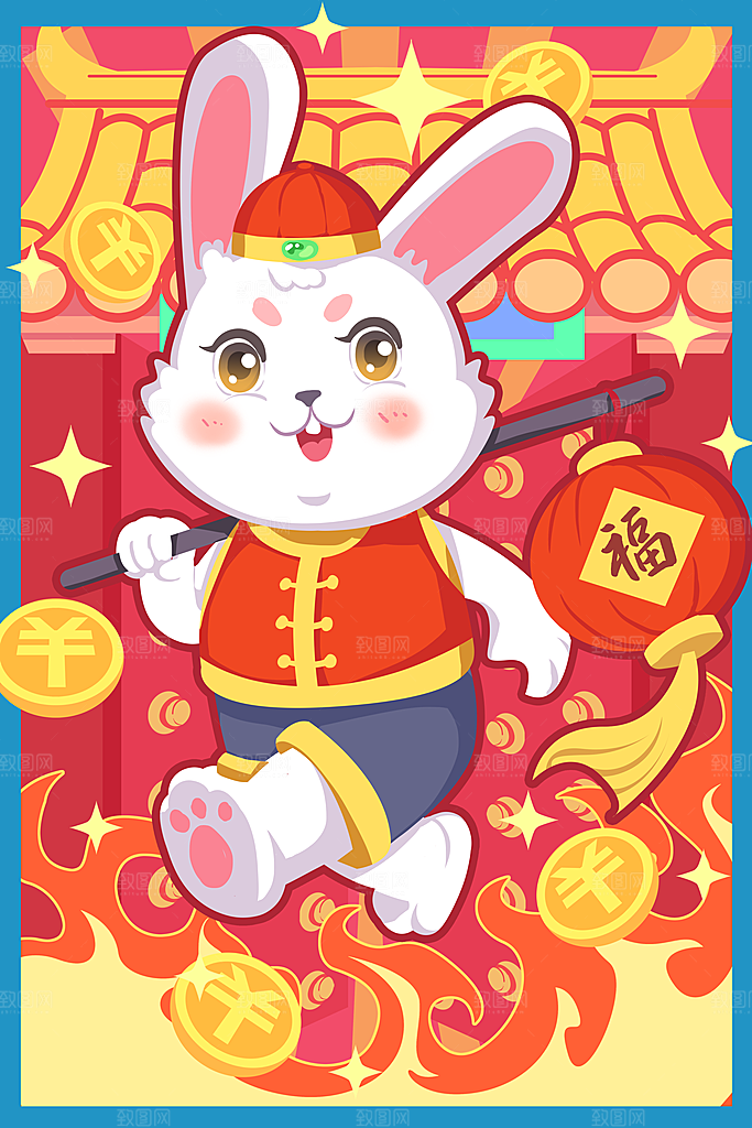 红色卡通新年小白兔设计插画