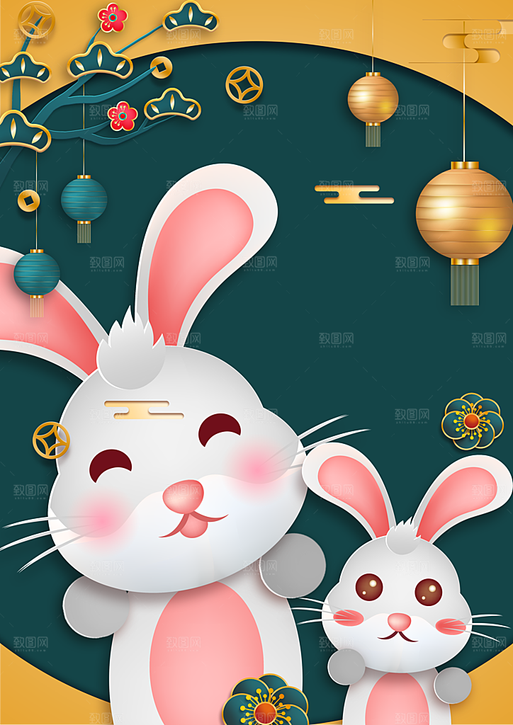 红色卡通新年小白兔设计插画