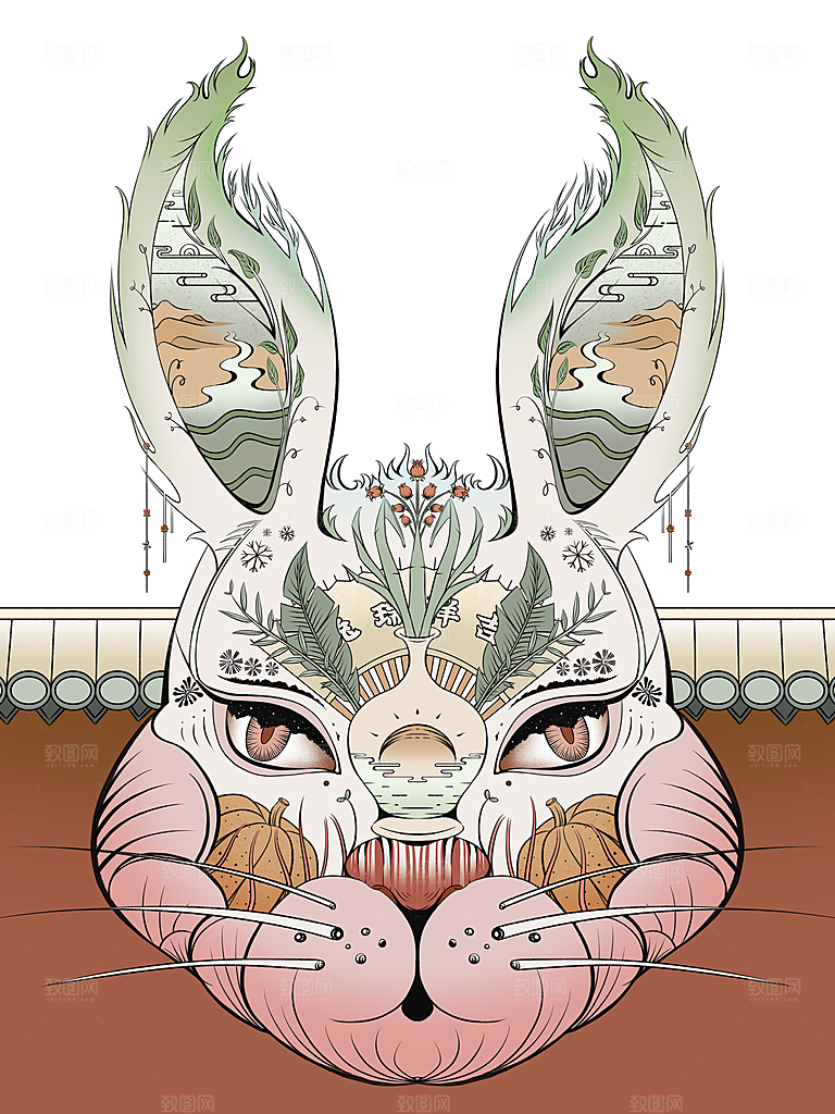 红色卡通新年小白兔设计插画