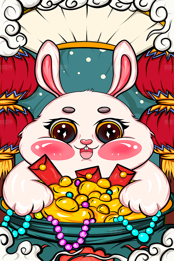 红色卡通新年小白兔设计插画