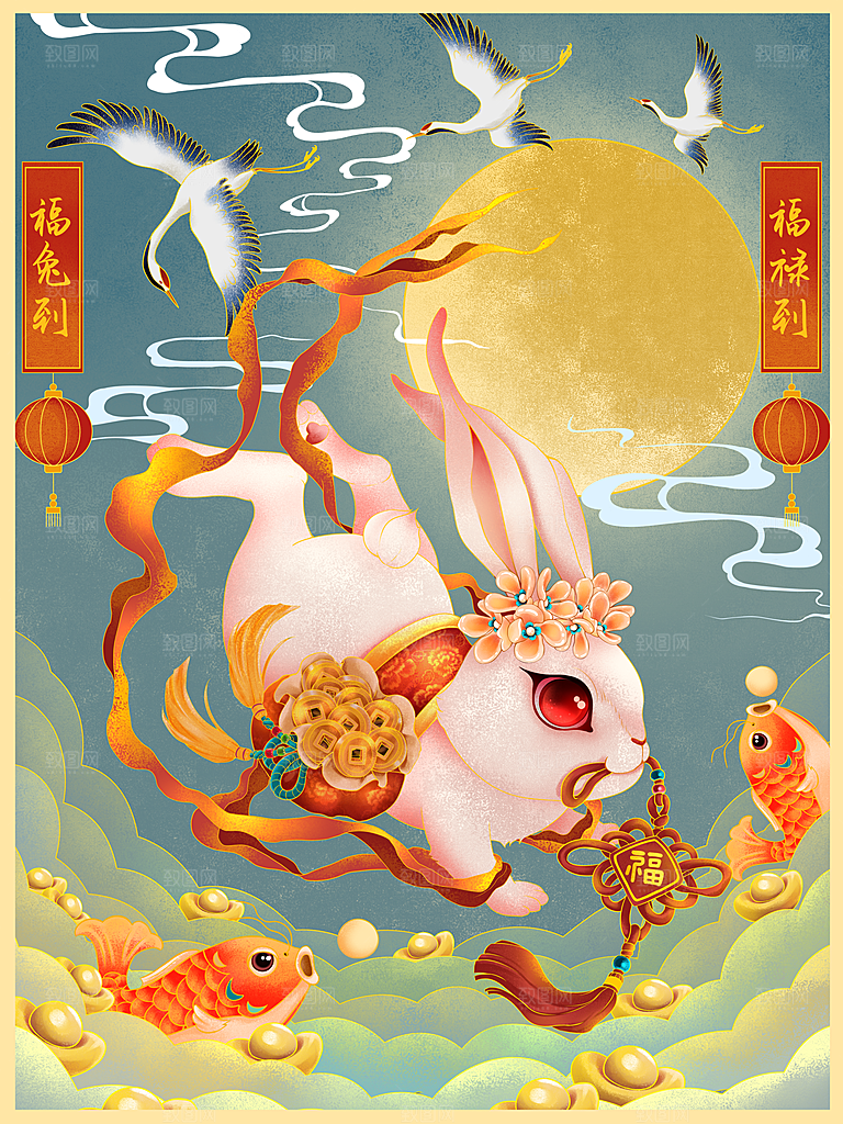 红色卡通新年小白兔设计插画