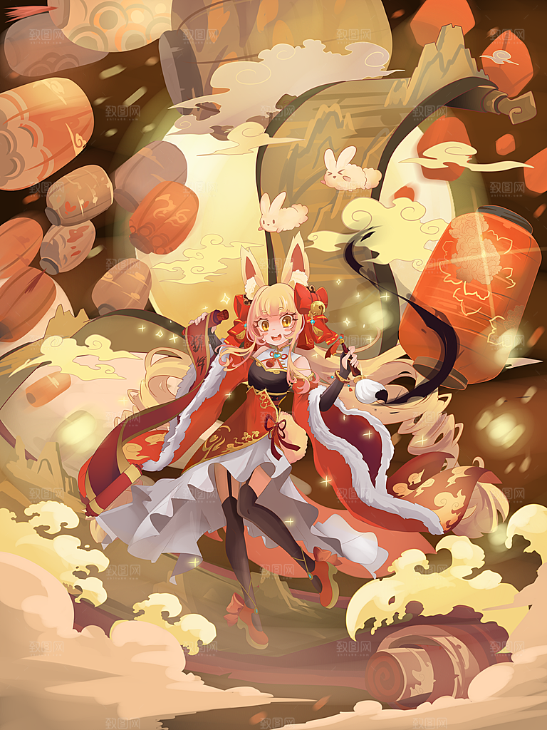 红色卡通新年小白兔设计插画