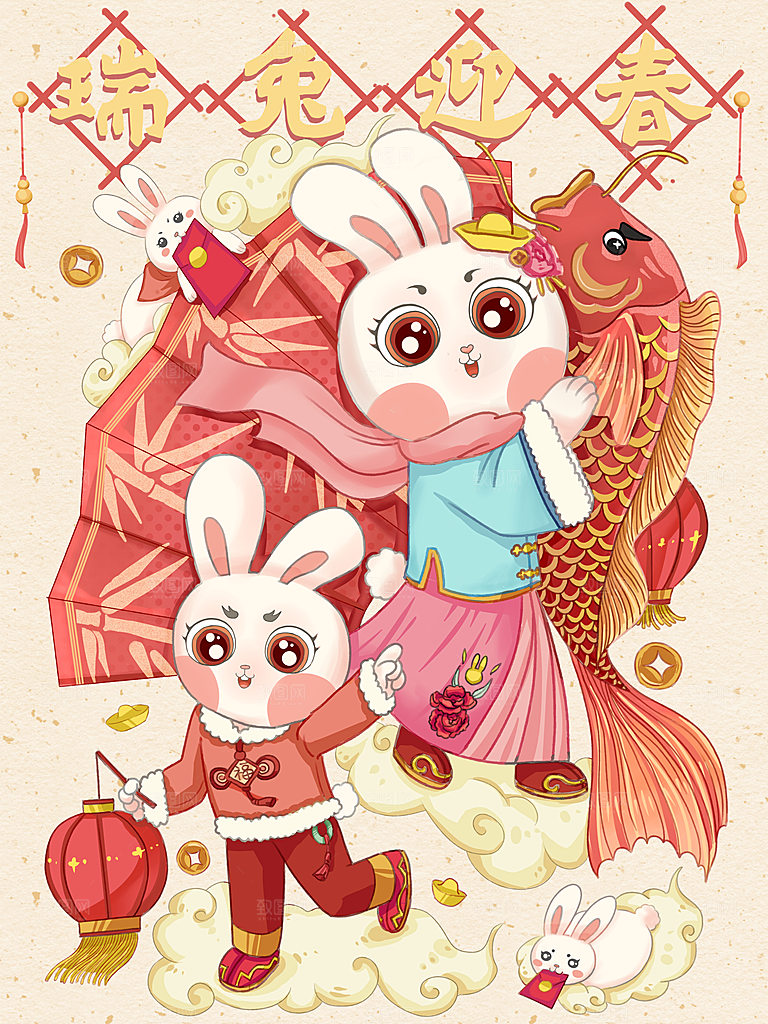 红色卡通新年小白兔设计插画