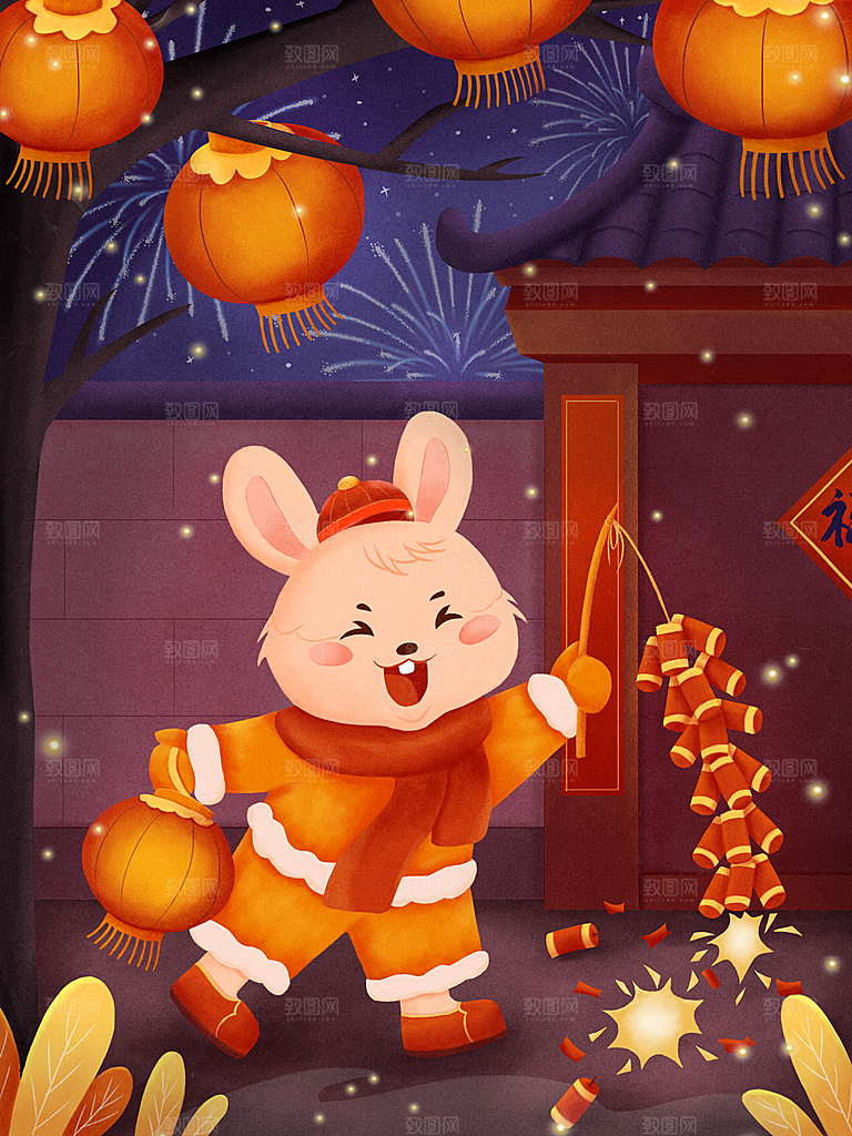 红色卡通新年小白兔设计插画