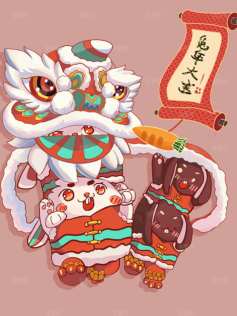 红色卡通新年小白兔设计插画