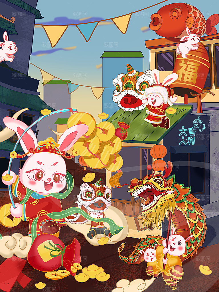 红色卡通新年小白兔设计插画