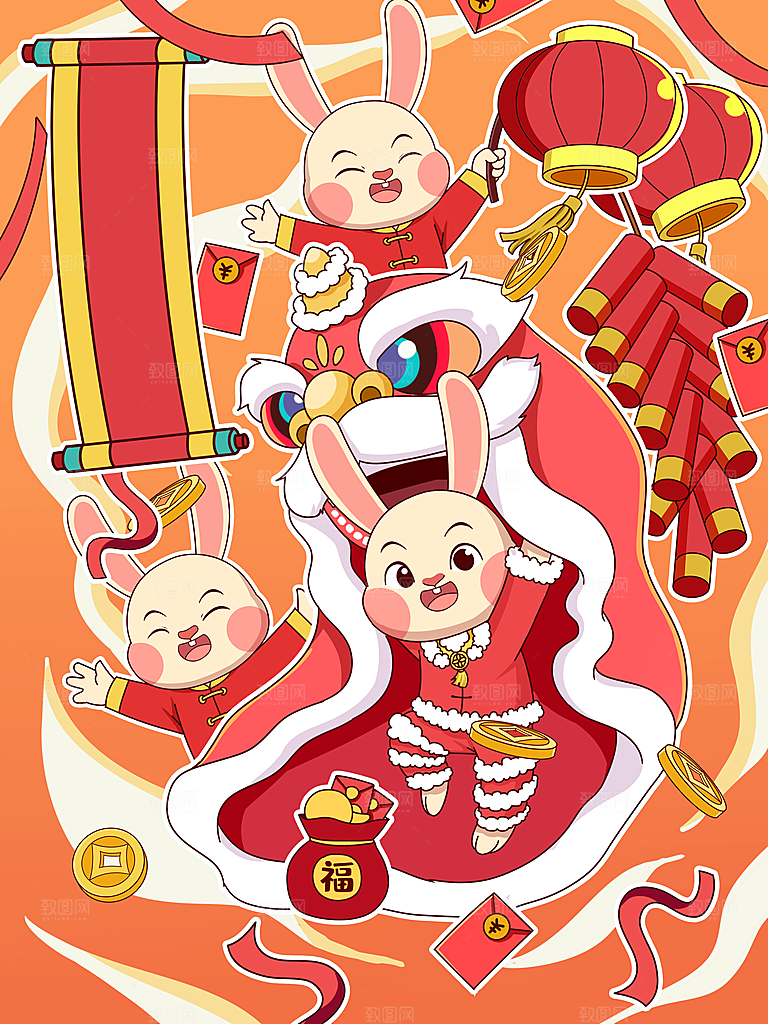 兔年新年卡通手绘插画设计
