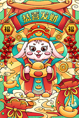 红色新年春节兔年插画
