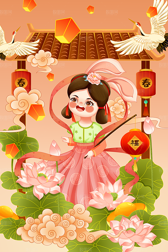 红色新年春节兔年插画