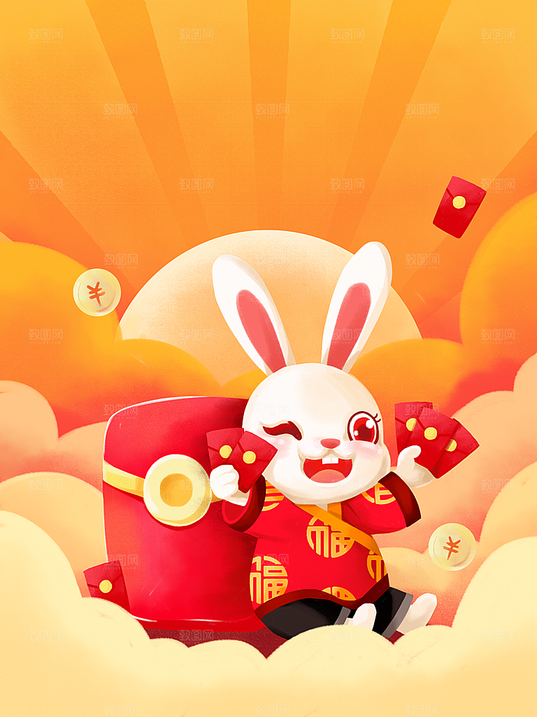 红色新年春节兔年插画