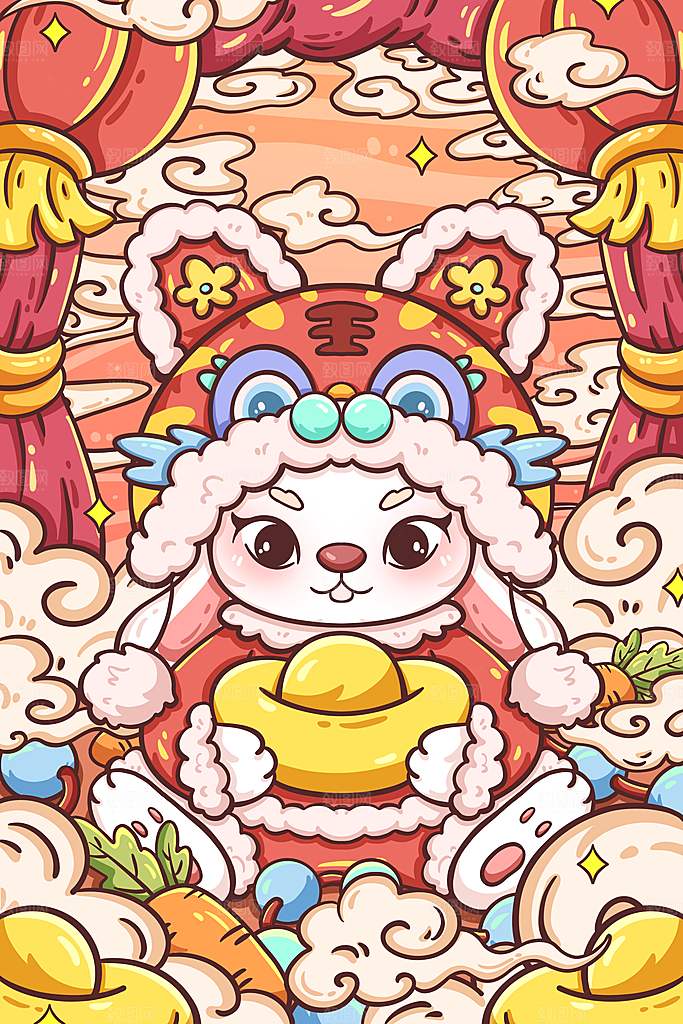 红色新年春节兔年插画