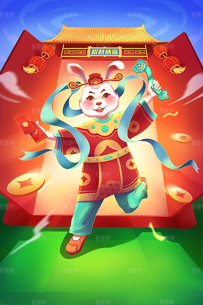 红色新年春节兔年插画