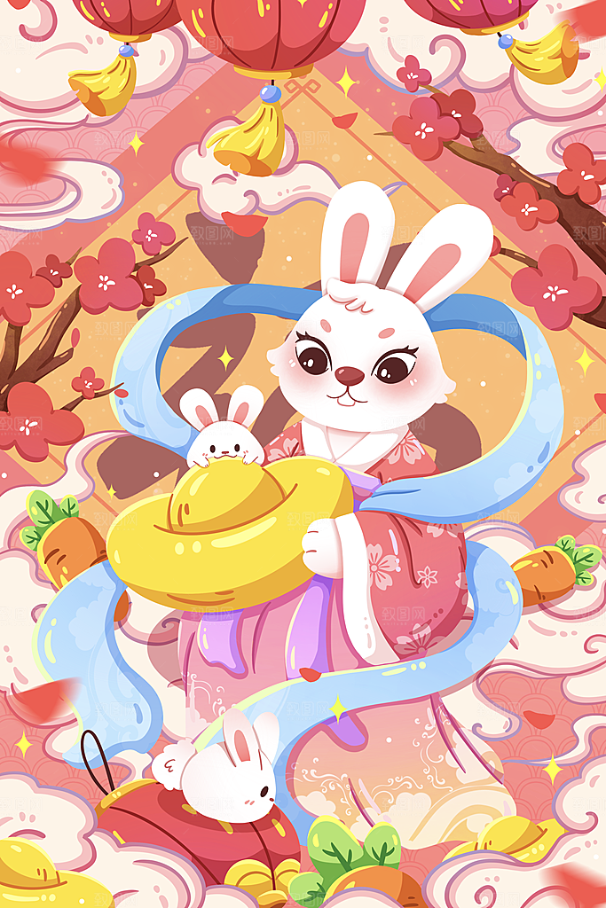 红色新年春节兔年插画