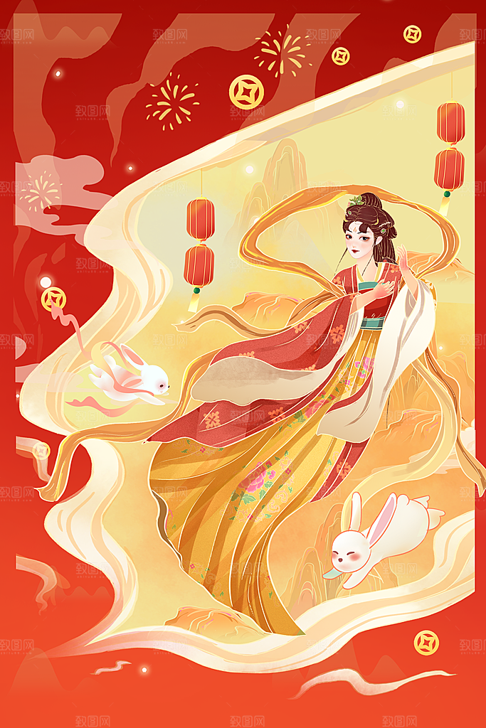 红色新年春节兔年插画