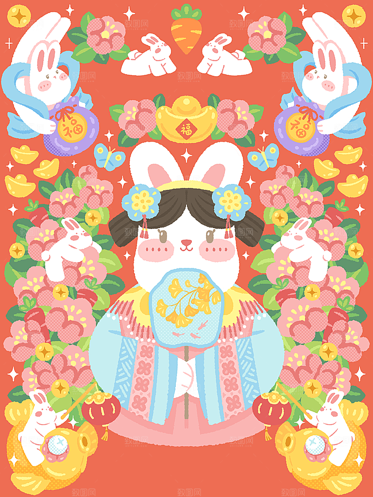 红色新年春节兔年插画