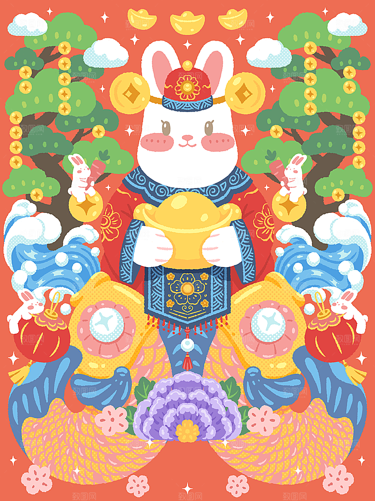 红色新年春节兔年插画
