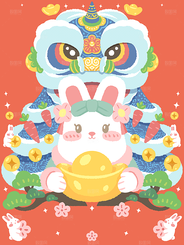 红色新年春节兔年插画