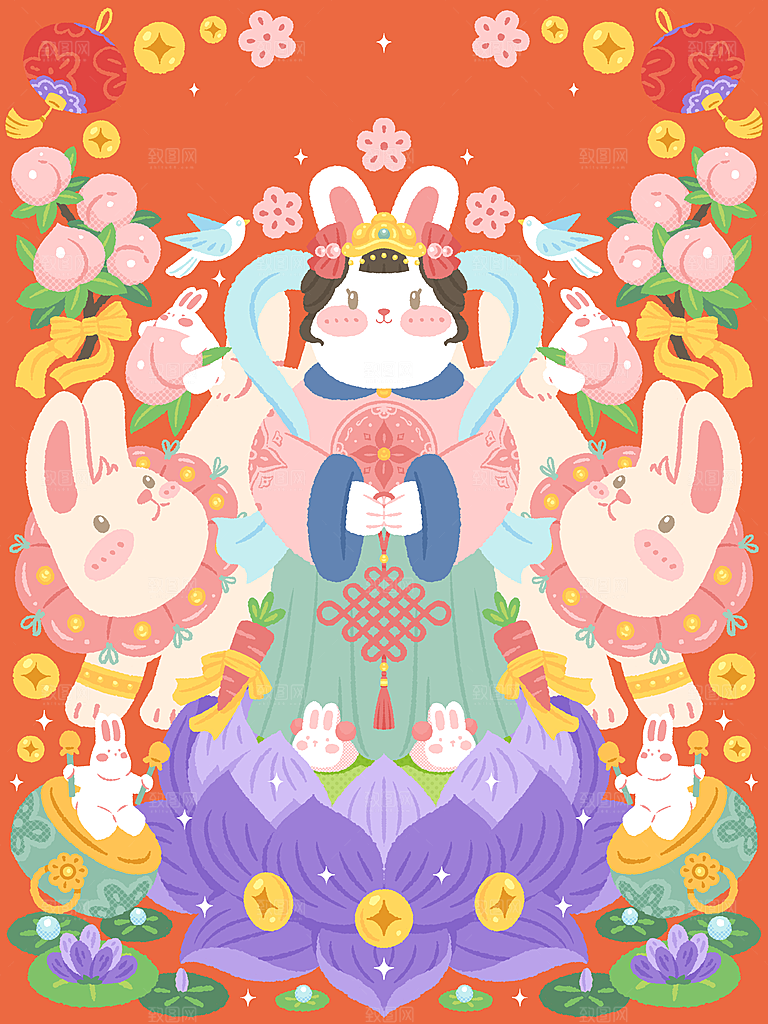 红色新年春节兔年插画