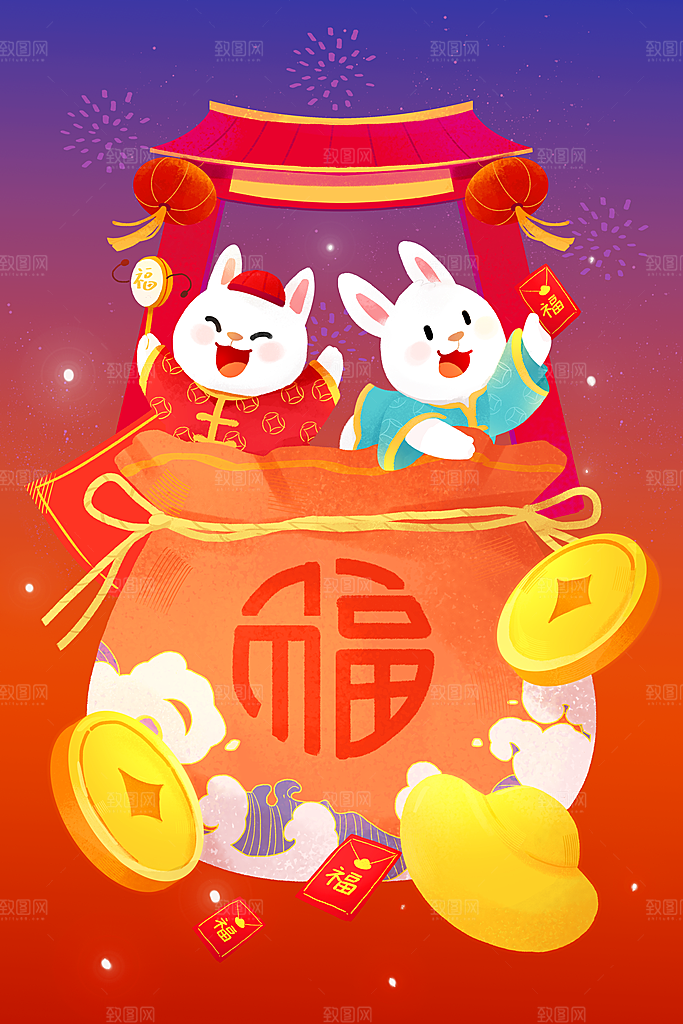 中国风兔子红色新年插画