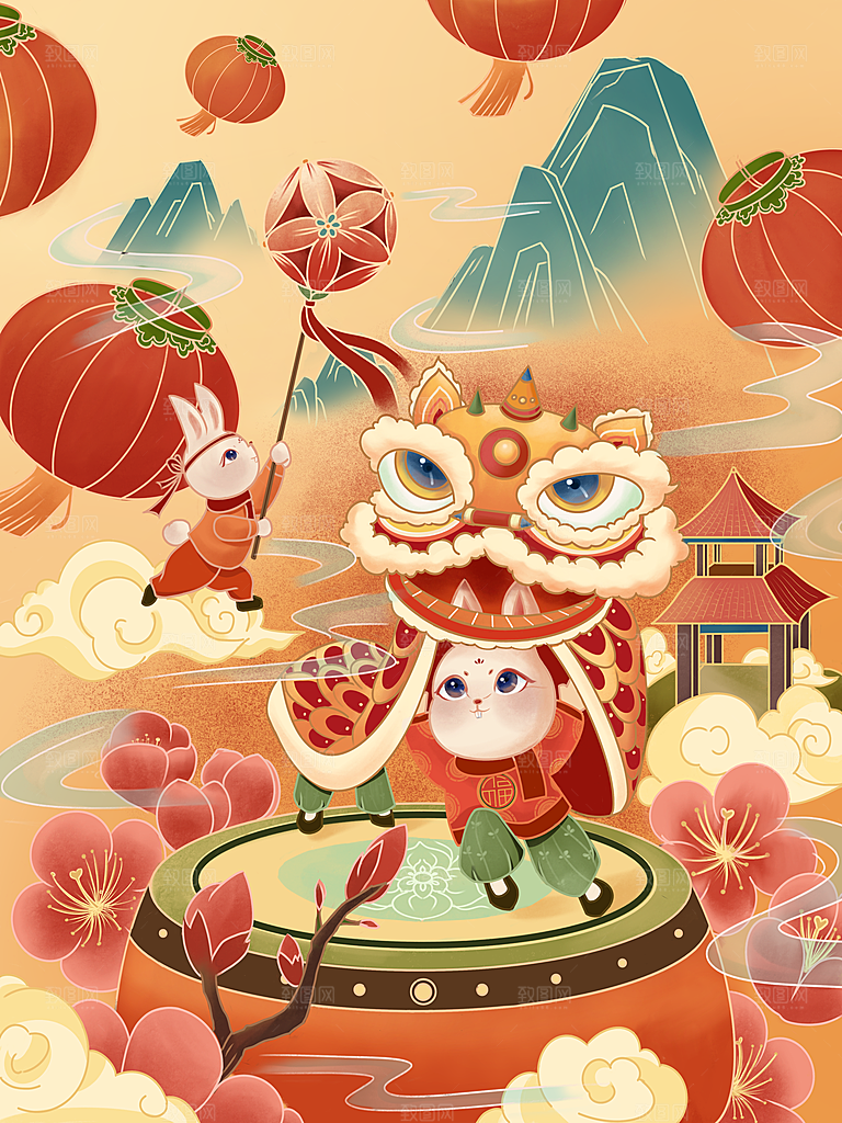 中国风兔子红色新年插画