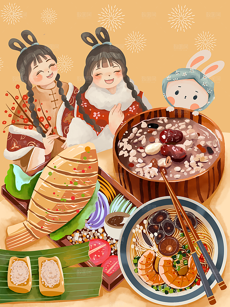 中国风兔子红色新年插画