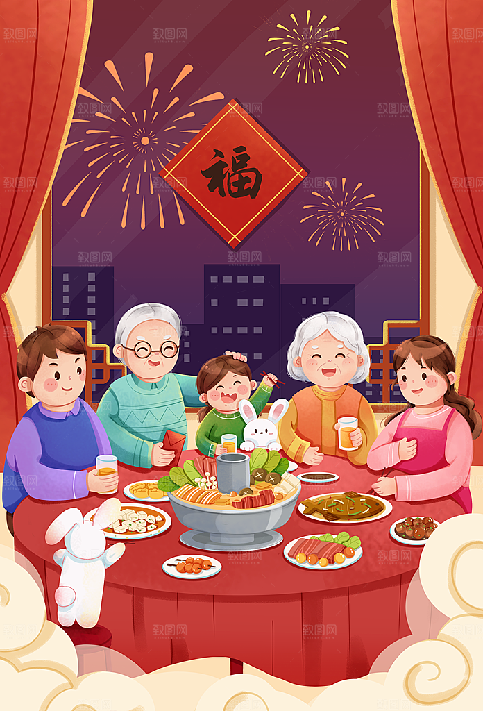 中国风兔子红色新年插画