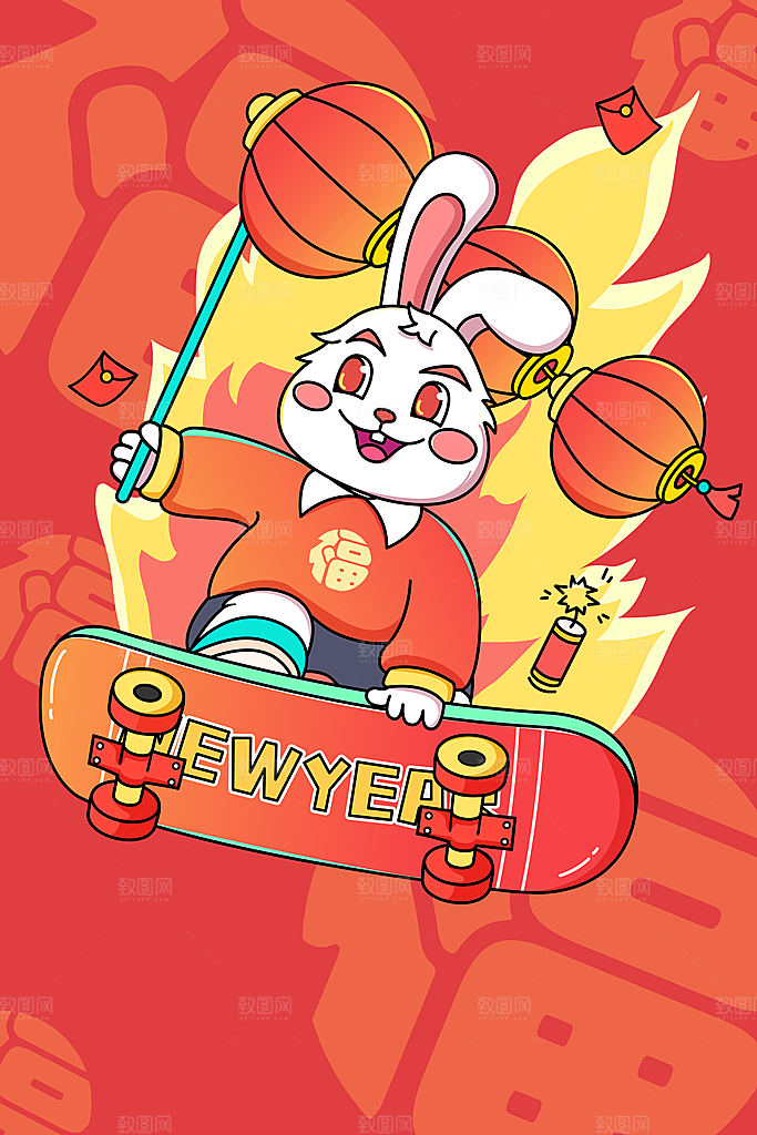 中国风兔子红色新年插画