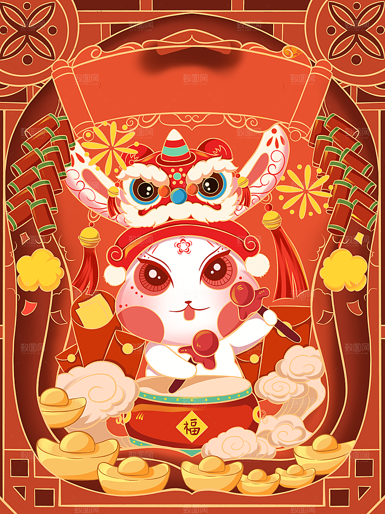 中国风兔子红色新年插画