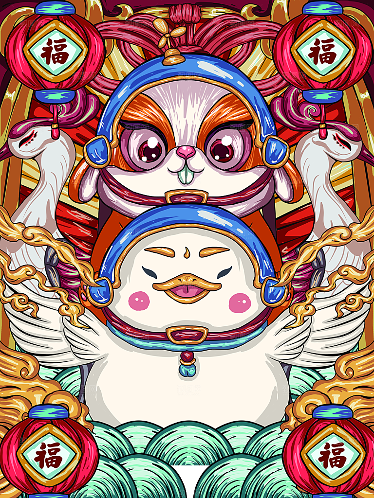 中国风兔子红色新年插画