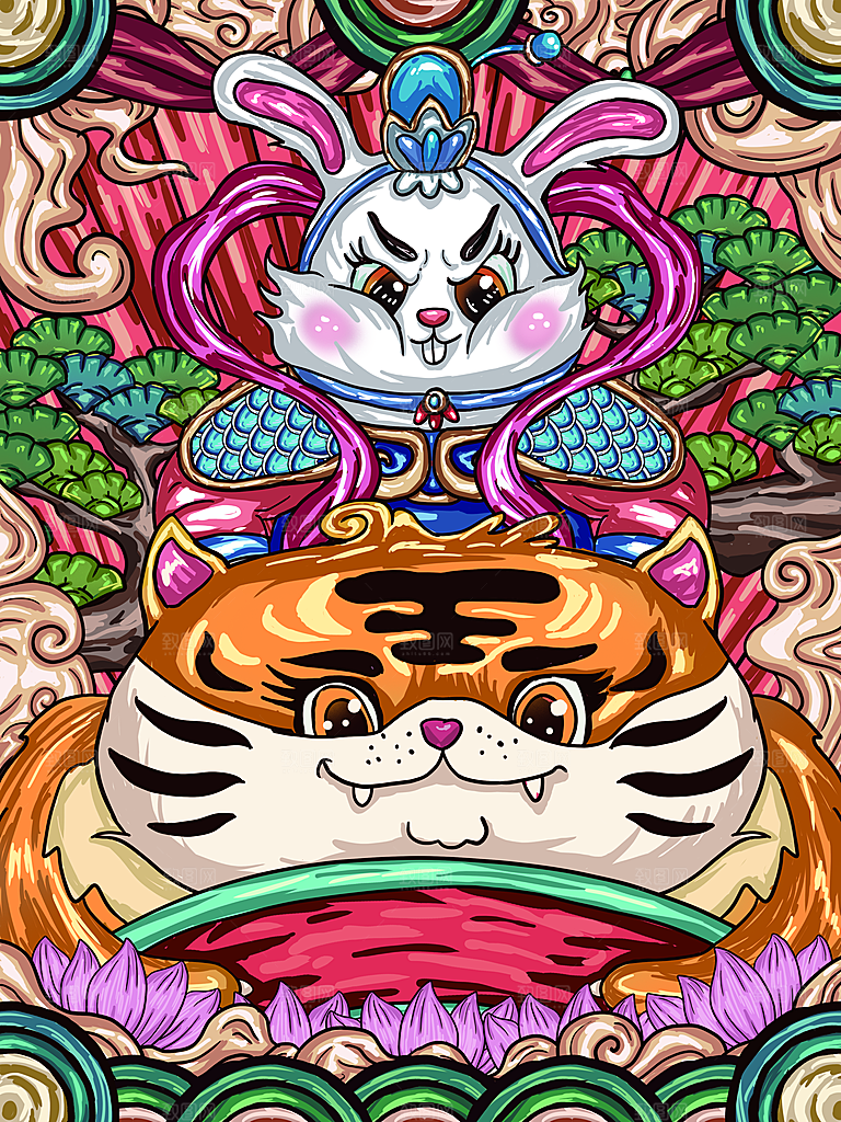 中国风兔子红色新年插画