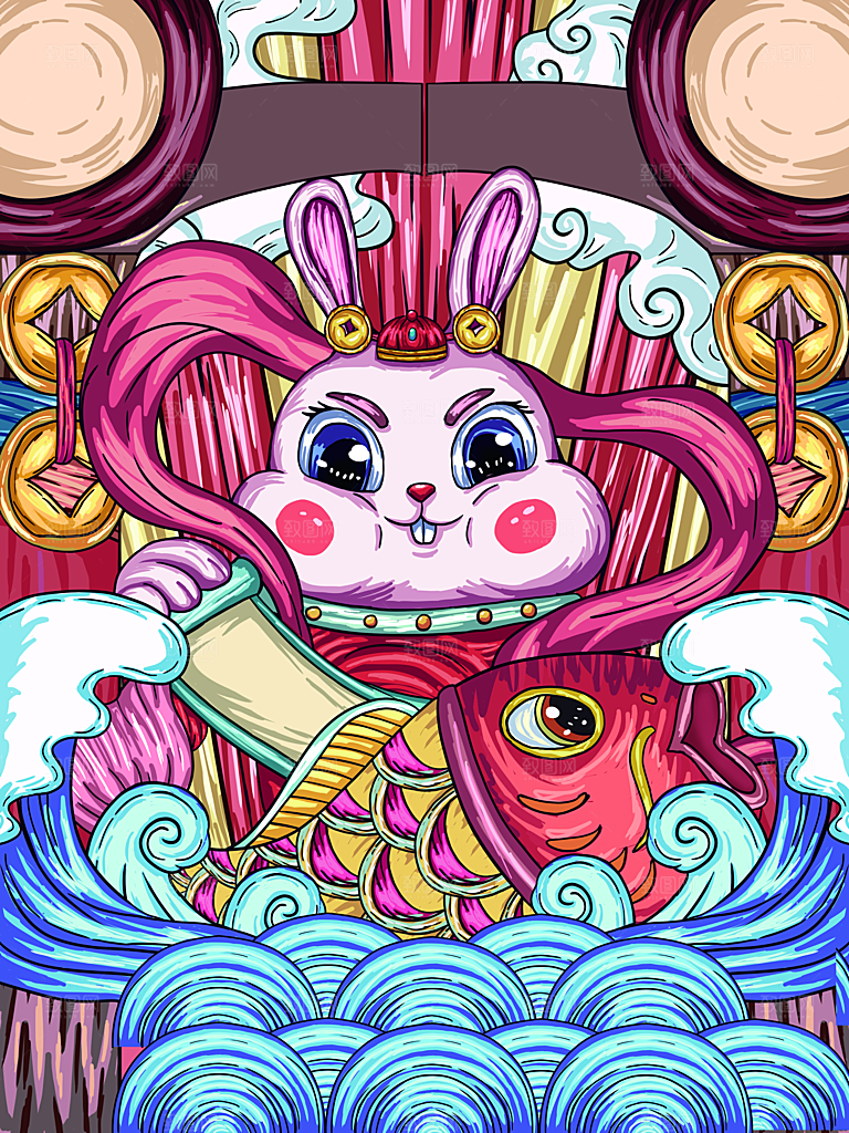 中国风兔子红色新年插画