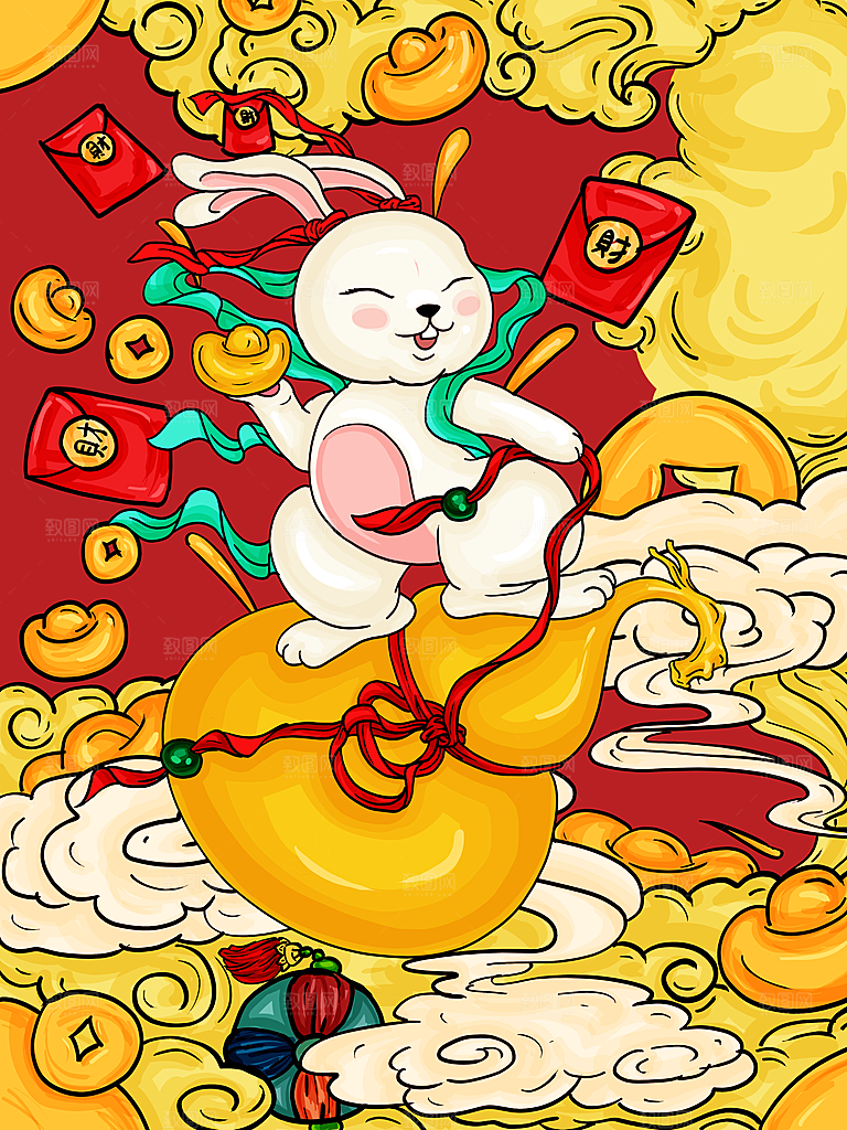 中国风兔子红色新年插画