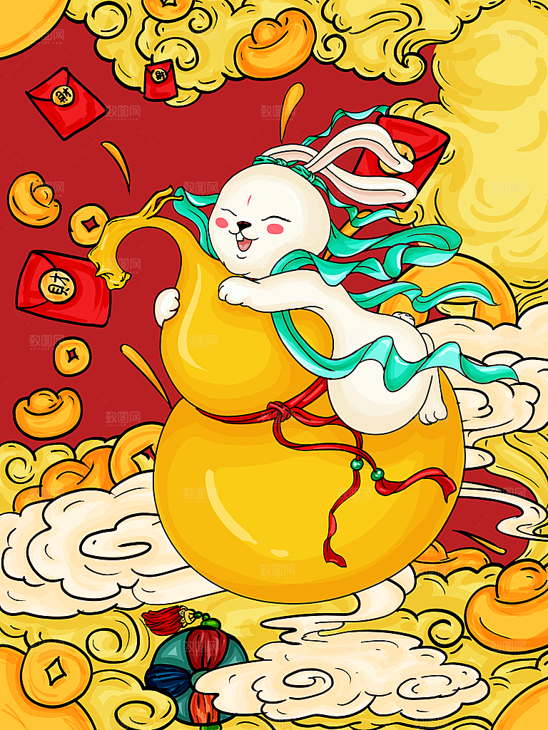 中国风兔子红色新年插画