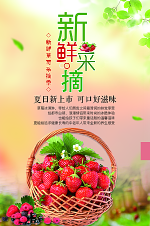 新鲜草莓采摘宣传海报