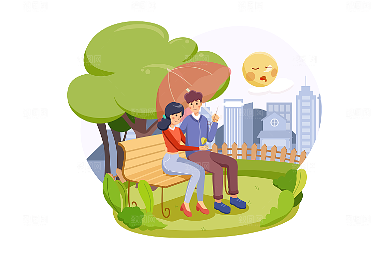 卡通人物生活场景情侣插画