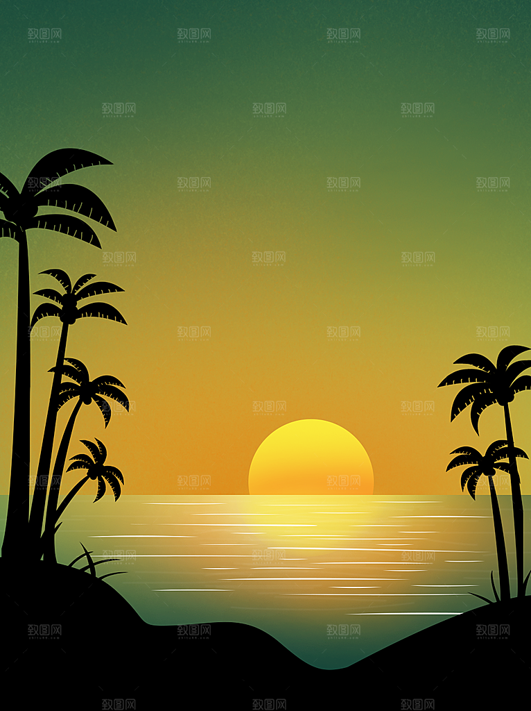 夏威夷风格日落椰树海滩海岛风景插画
