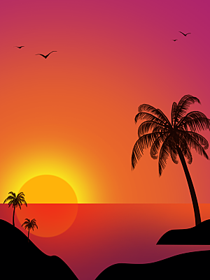 夏威夷风格日落椰树海滩海岛风景插画