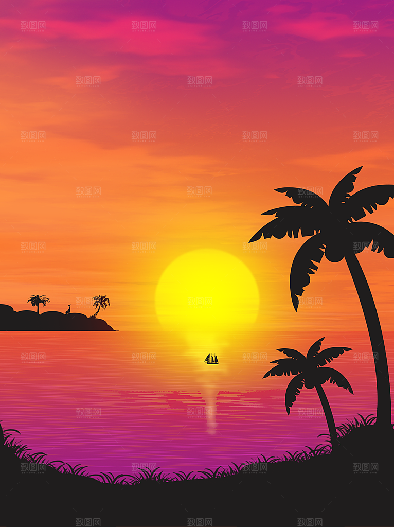 夏威夷风格日落椰树海滩海岛风景插画