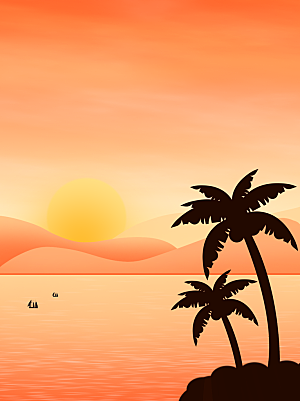 夏威夷风格日落椰树海滩海岛风景插画