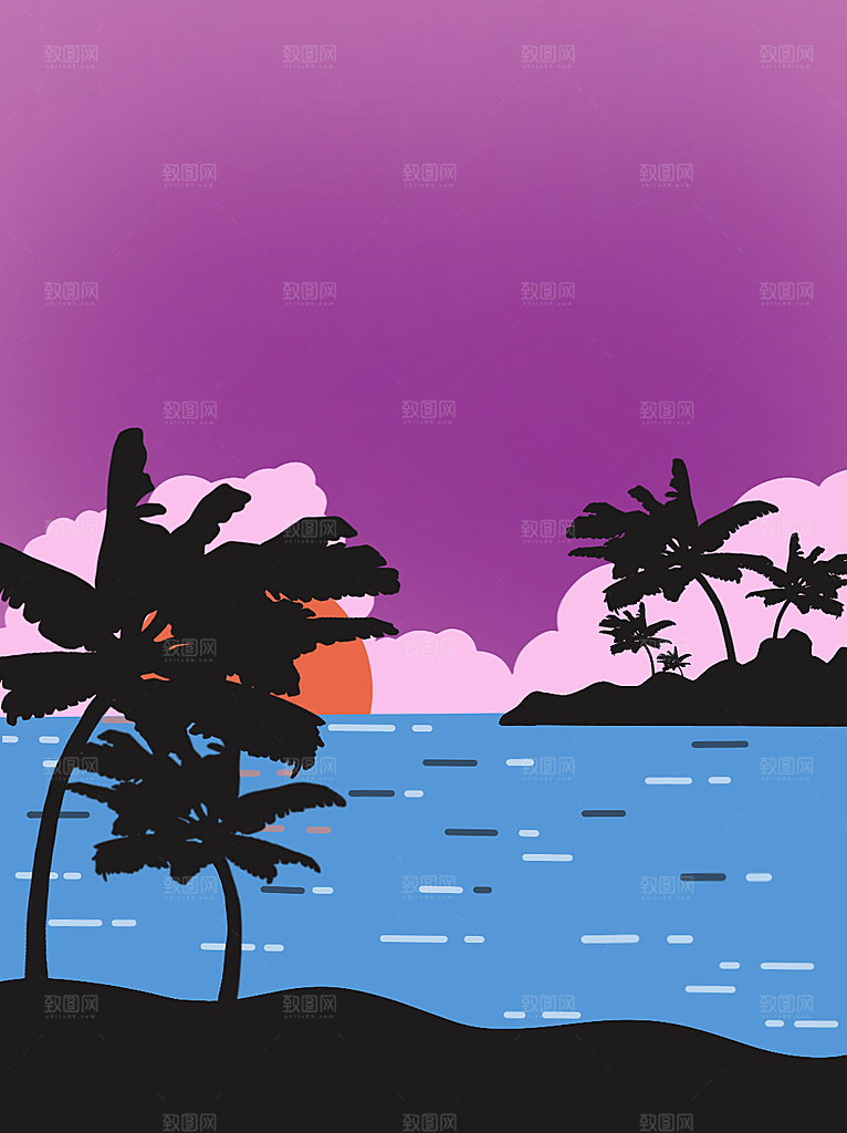 夏威夷风格日落椰树海滩海岛风景插画