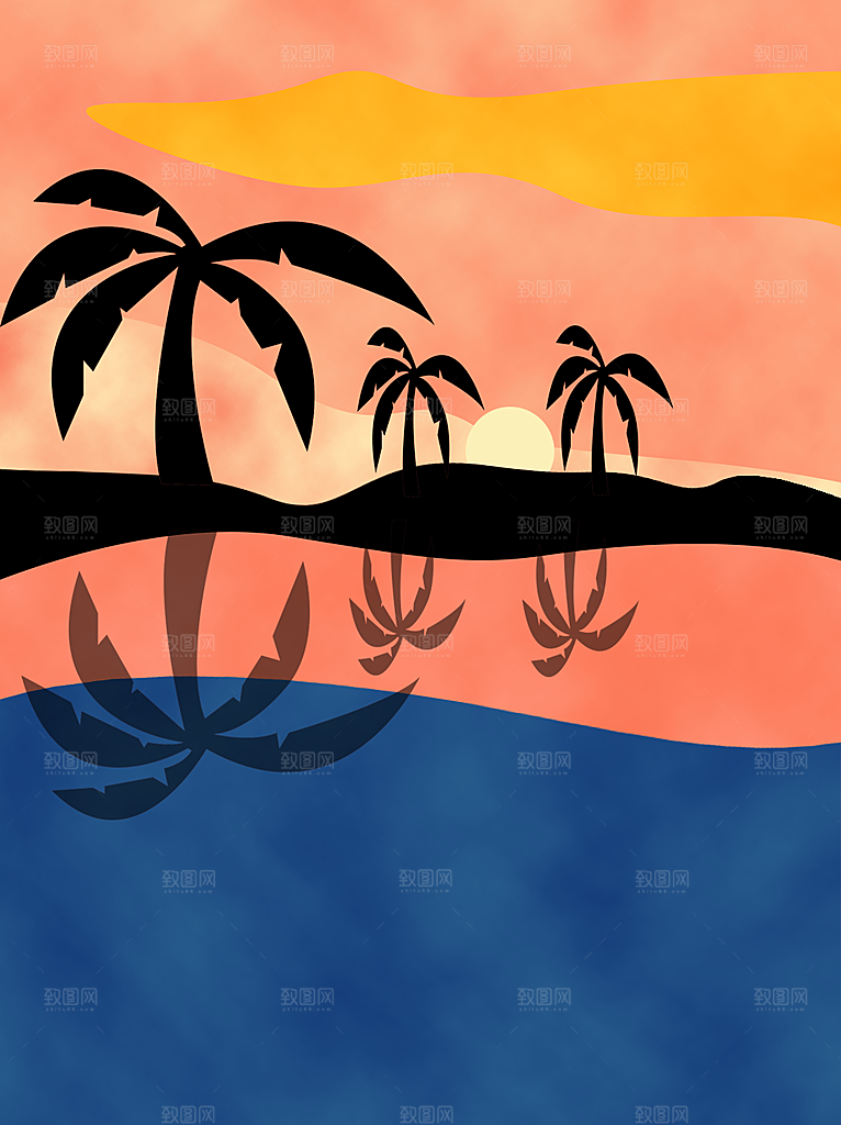 夏威夷风格日落椰树海滩海岛风景插画