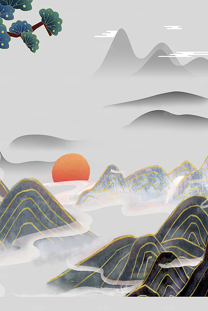 中国风新中式大气山水背景素材