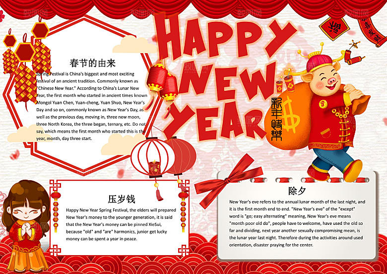 中国风新年快乐英语小报word手抄报